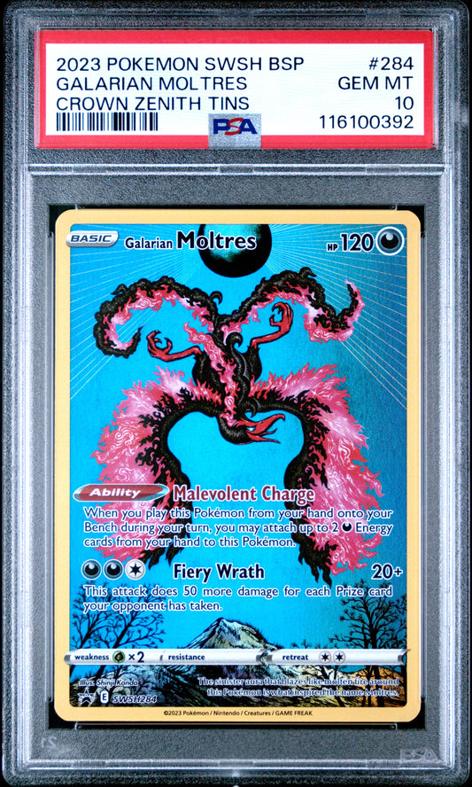 2023 Pokemon Swsh Black Star Promo #284 Galarian Moltres Crown Zenith Tin PSA 10