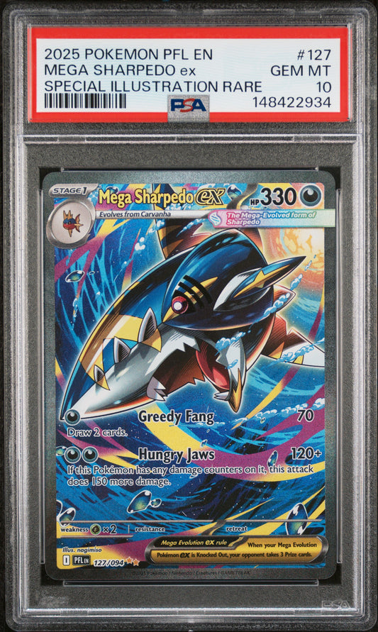 2025 Pokemon Pfl En-Phantasmal Flames #127 Mega Sharpedo Ex Special Illustration Rare PSA 10